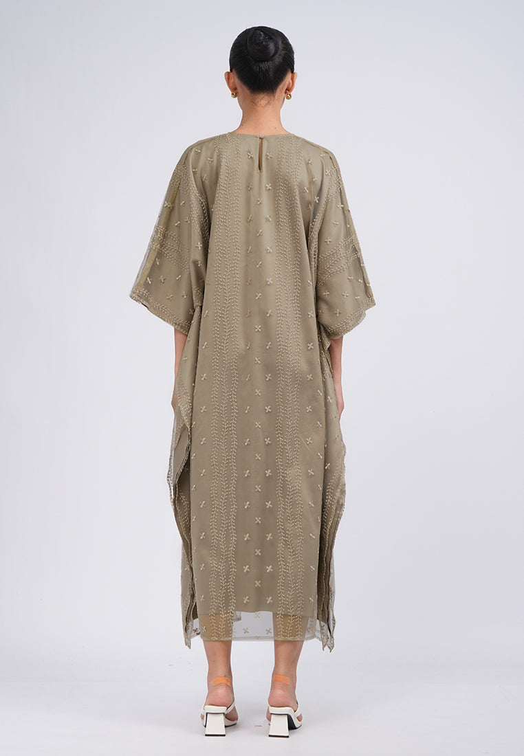 Embroidered V-Neck Kaftan Tan