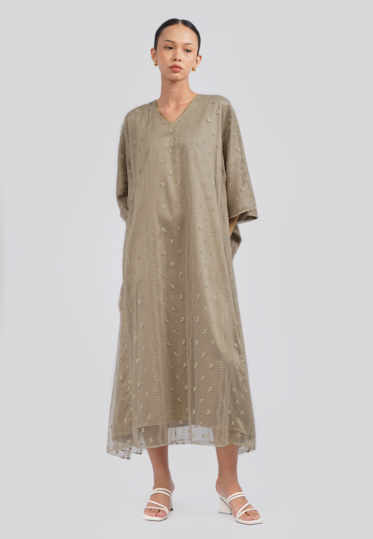 Embroidered V-Neck Kaftan Tan