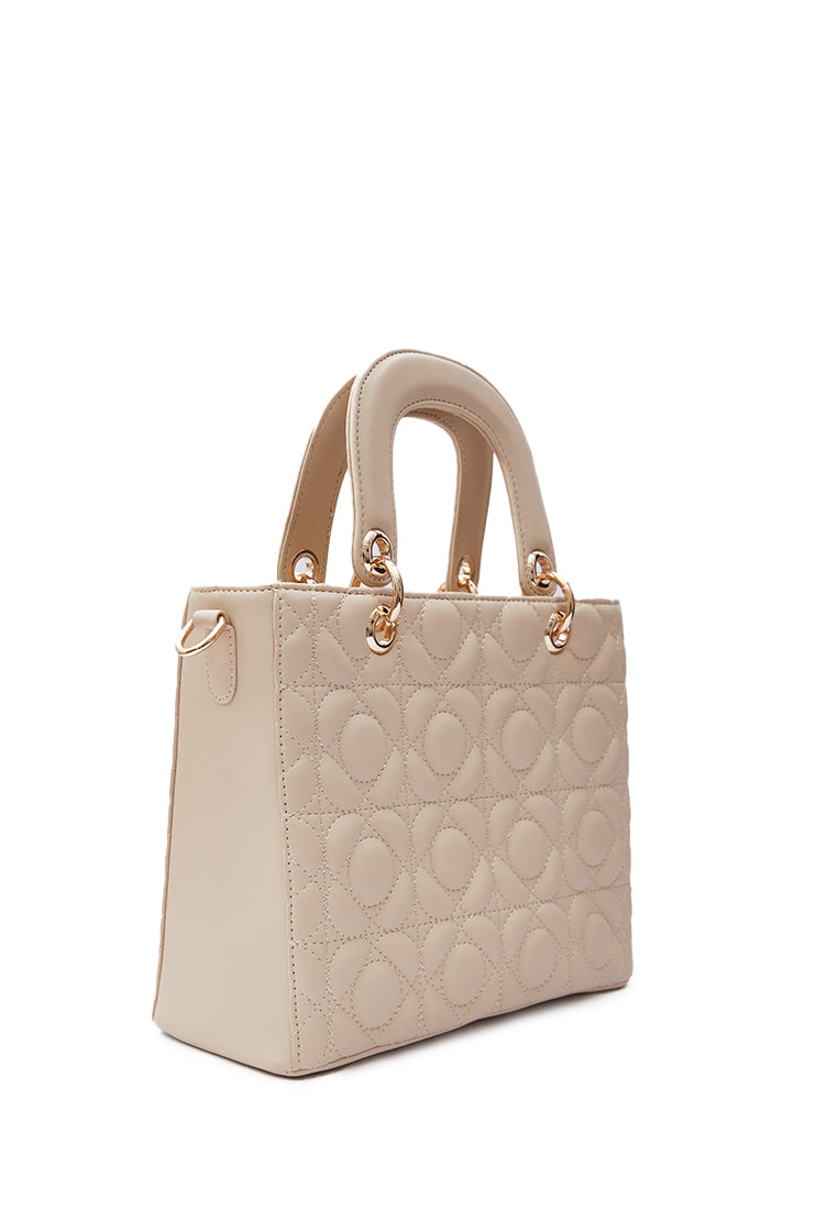 Beige Quilted Top Handle Bag