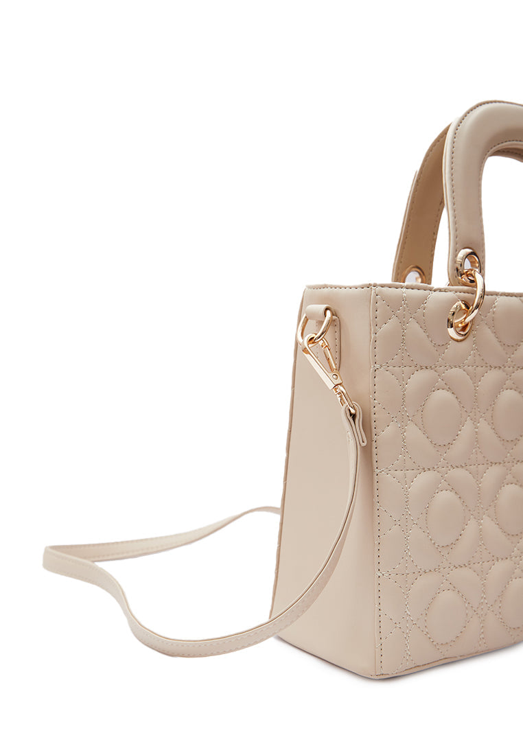 Beige Quilted Top Handle Bag