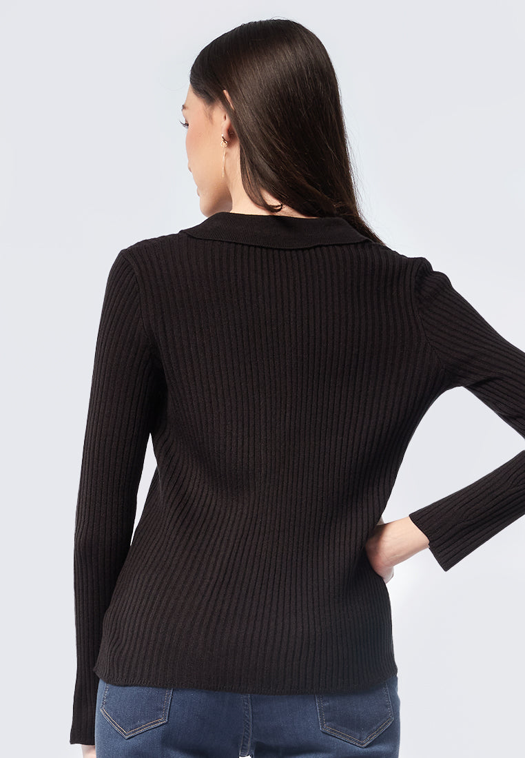 Rib Textured Long Sleeve Polo Top
