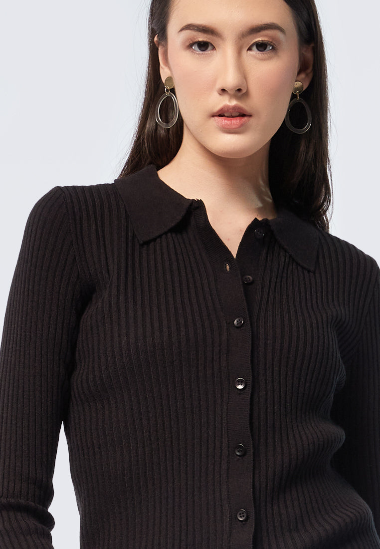 Rib Textured Long Sleeve Polo Top