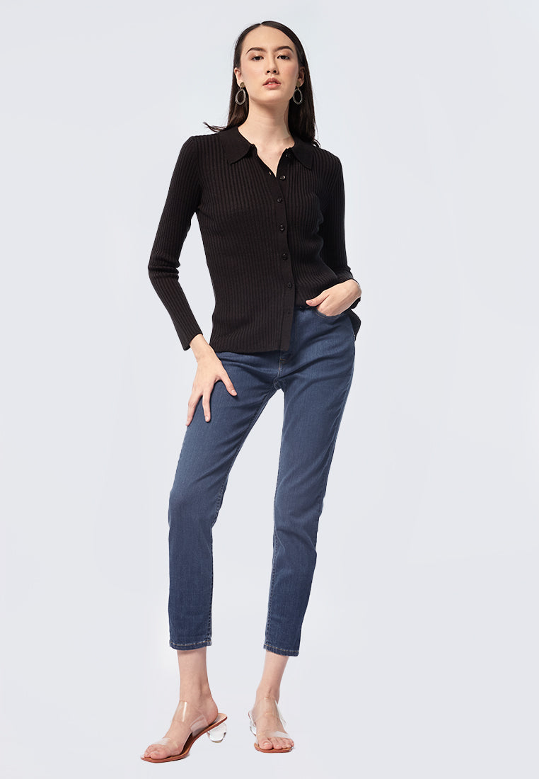 Rib Textured Long Sleeve Polo Top
