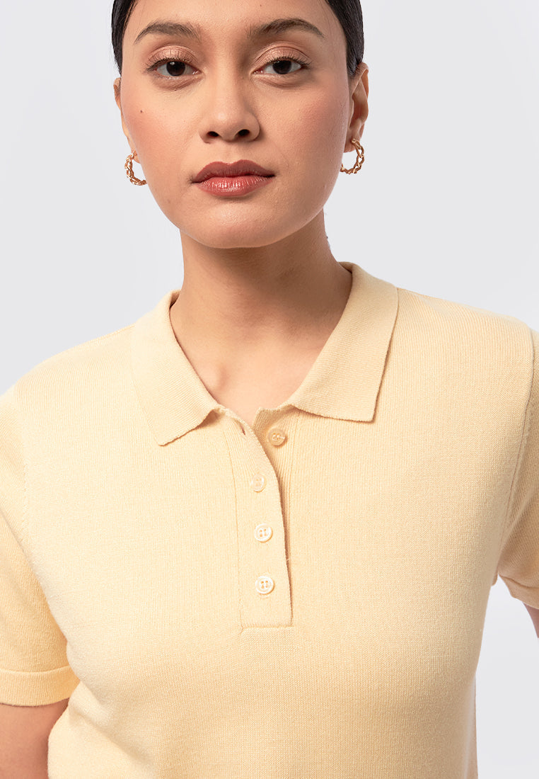 Short Sleeve Knit Polo Top Soft Yellow