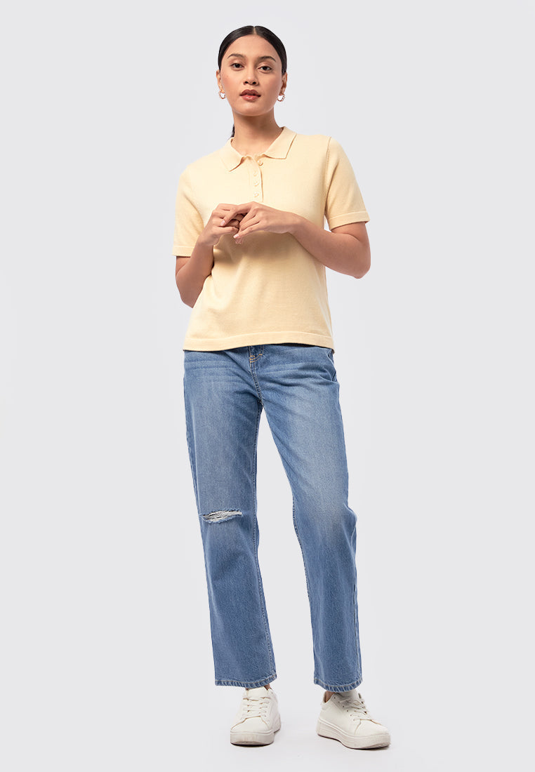 Short Sleeve Knit Polo Top Soft Yellow