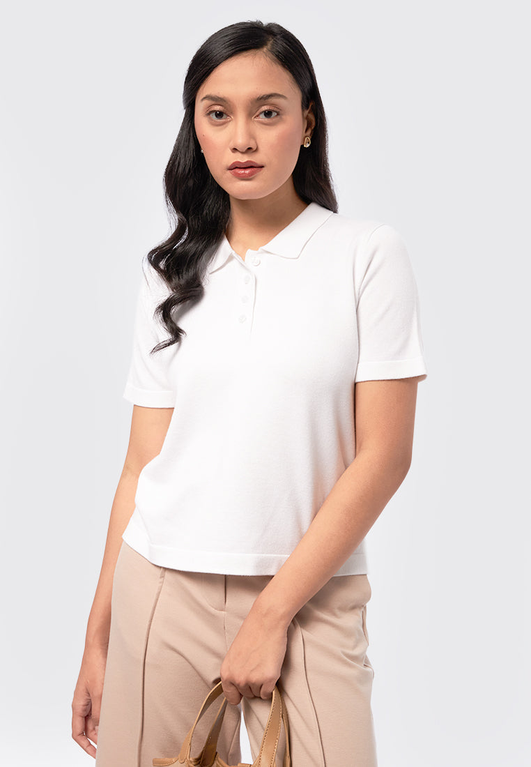 Short Sleeve Knit Polo Top Off White