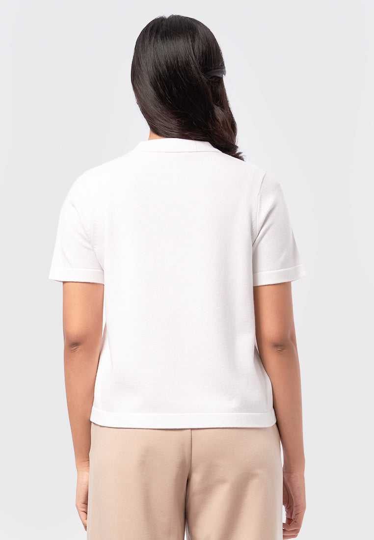Short Sleeve Knit Polo Top Off White