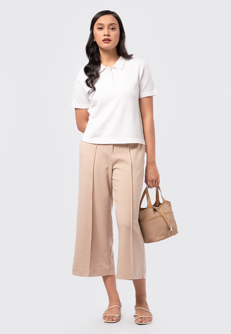 Short Sleeve Knit Polo Top Off White
