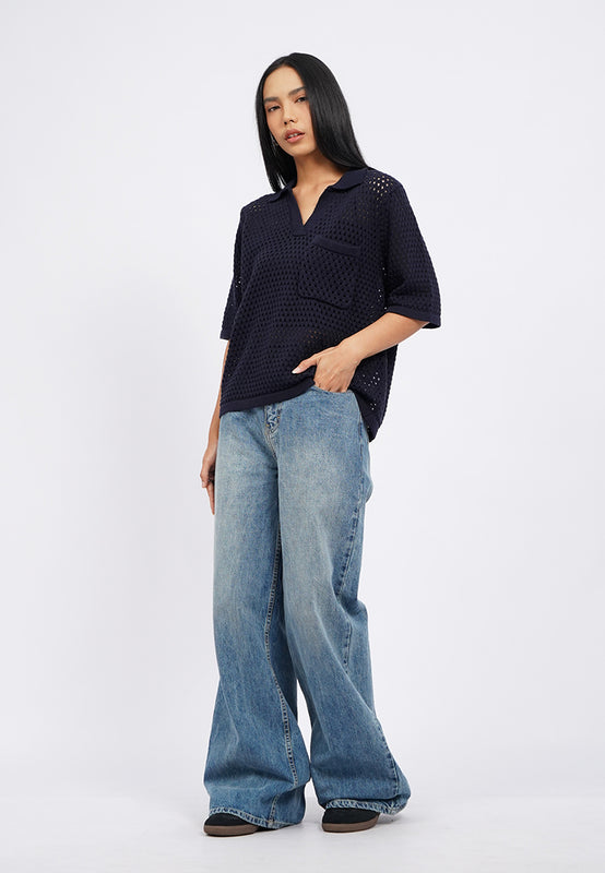 Openwork Short Sleeve Knit Top