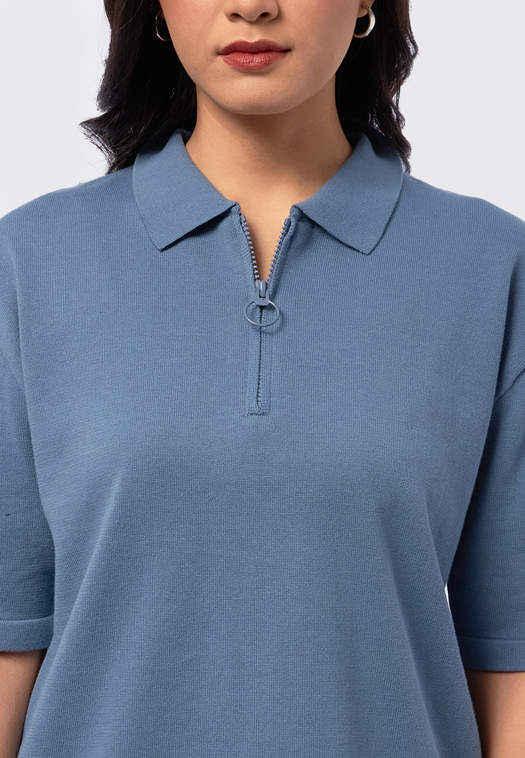 Knitted Zip Up Polo Shirt