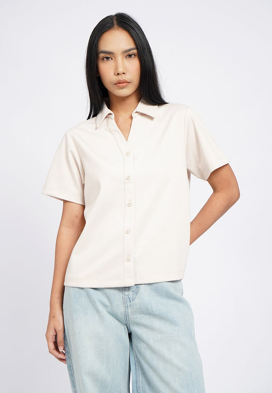 V-Neck Knit Top with Collar