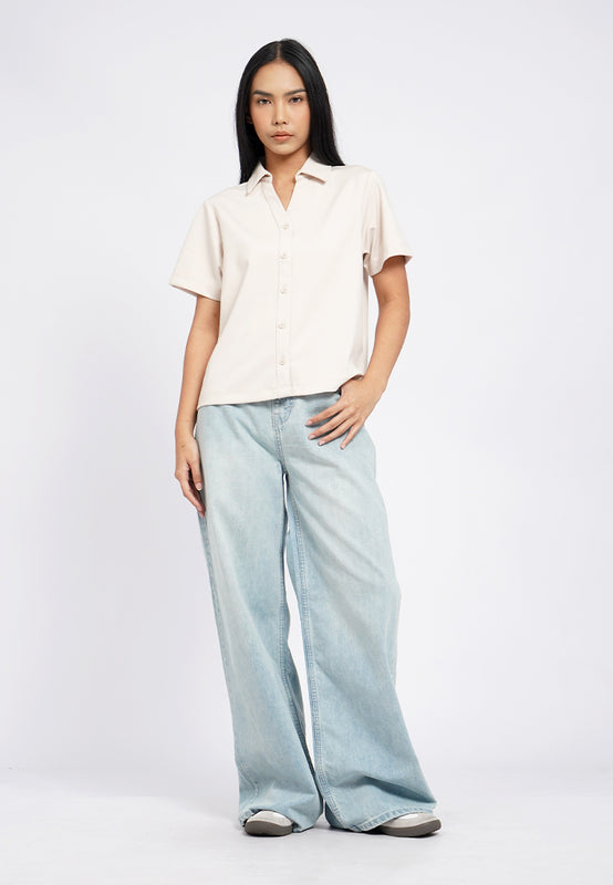 V-Neck Knit Top with Collar