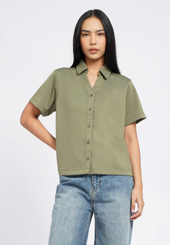 V-Neck Knit Top with Collar