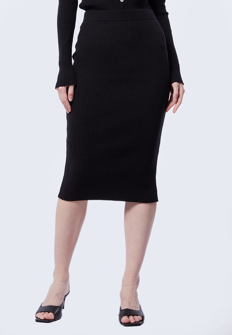 Rib Knit Midi Pencil Skirt