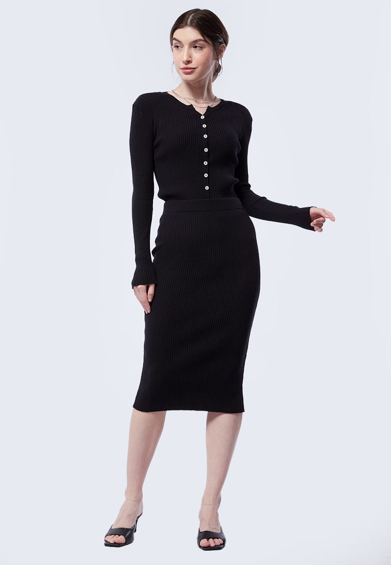 Rib Knit Midi Pencil Skirt