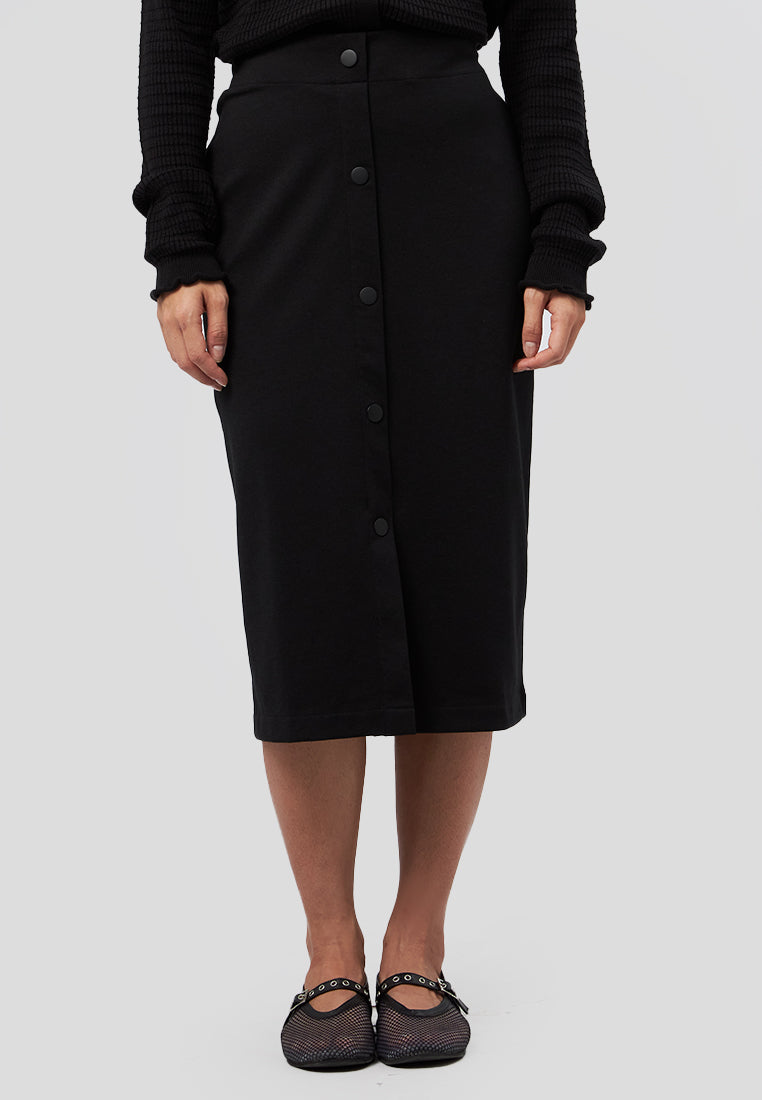 Fitted Midi Skirt with Button Black