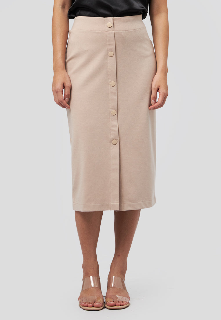 Fitted Midi Skirt with Button Beige