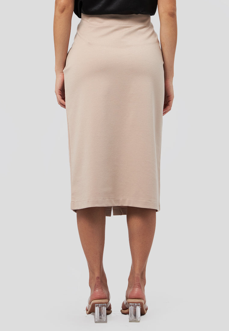 Fitted Midi Skirt with Button Beige