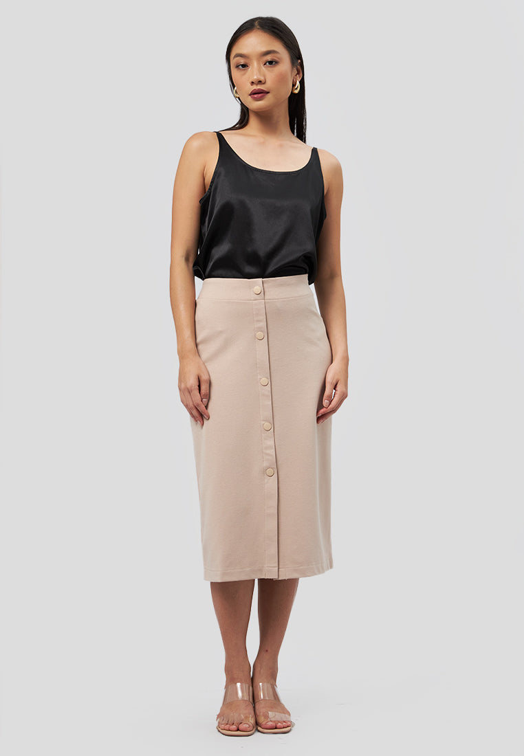 Fitted Midi Skirt with Button Beige