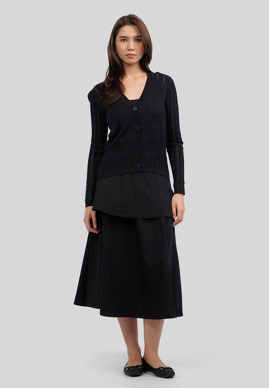 Layered Pleats Cotton Midi Skirt
