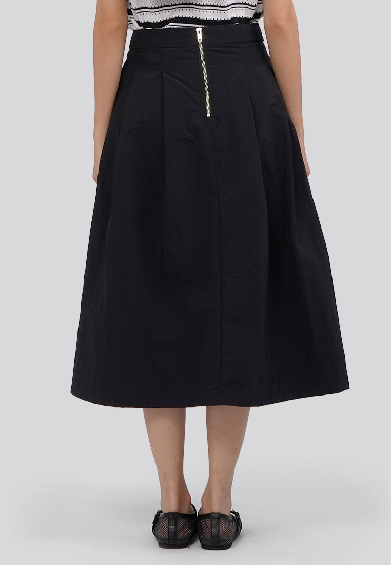 Pleated A-Line Midi Skirt Black