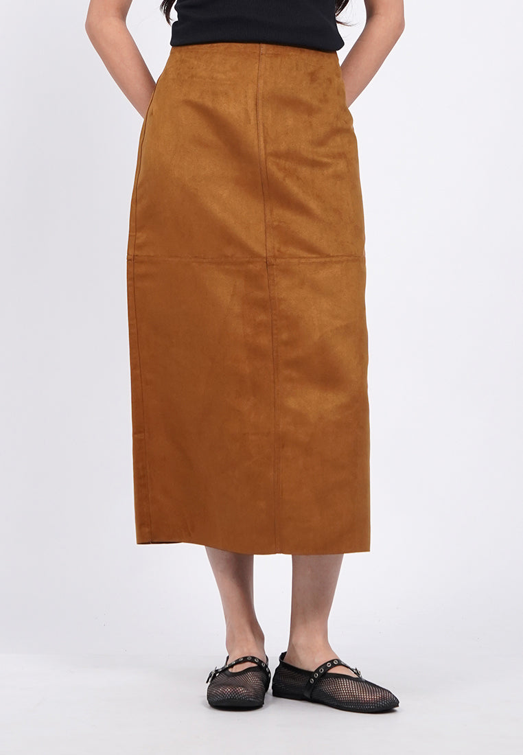 Suede Midi Skirt with Slit Details