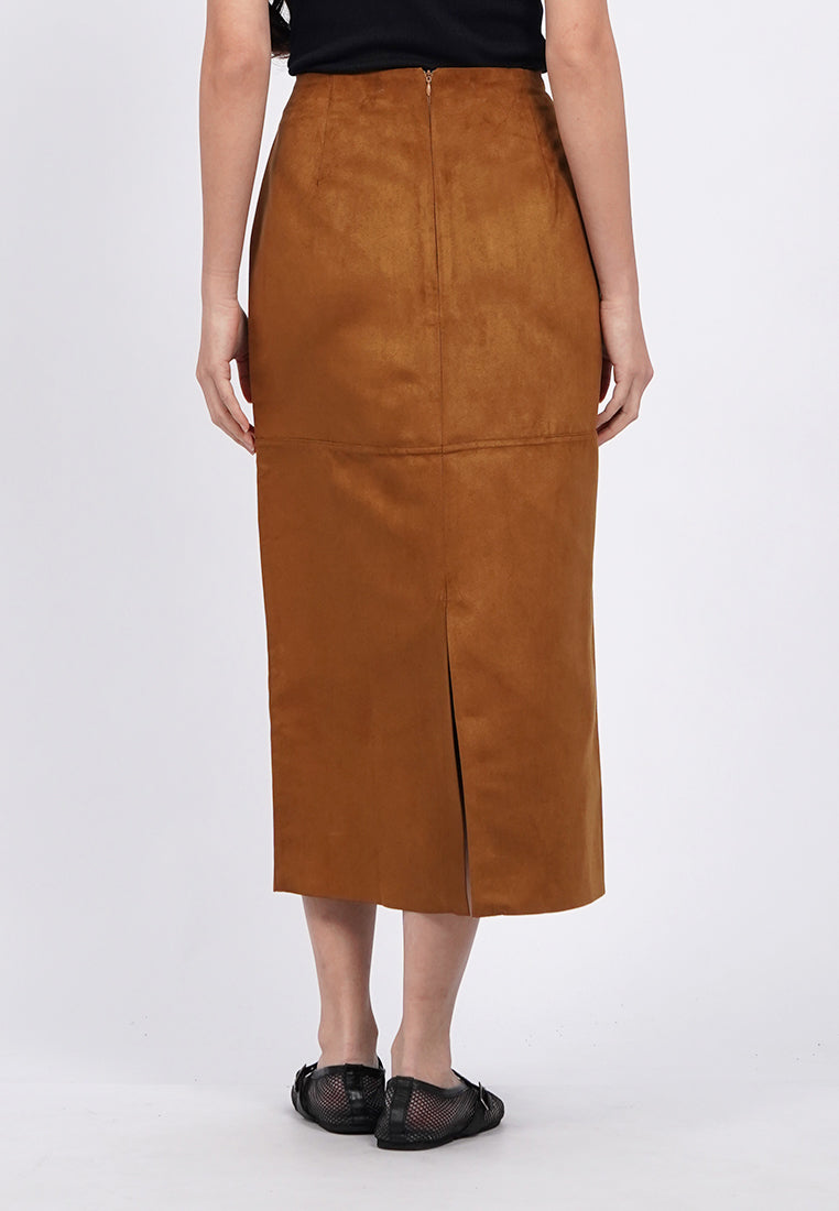 Suede Midi Skirt with Slit Details