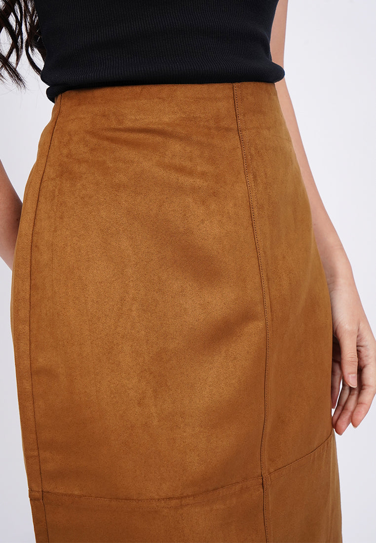 Suede Midi Skirt with Slit Details