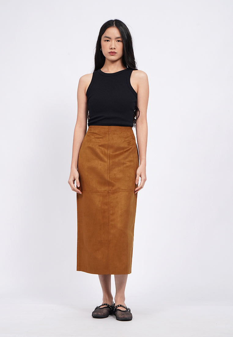 Suede Midi Skirt with Slit Details