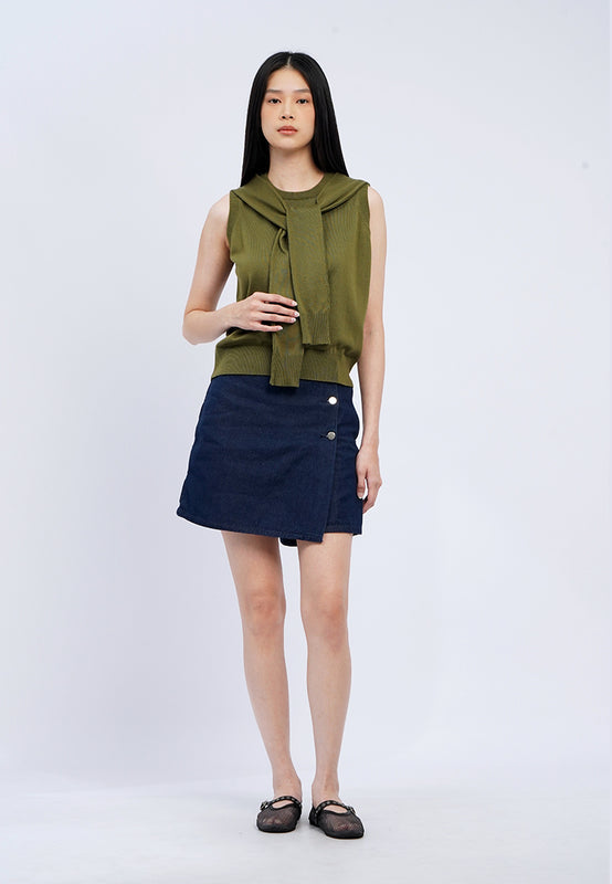 Wrap Denim Skort with Button