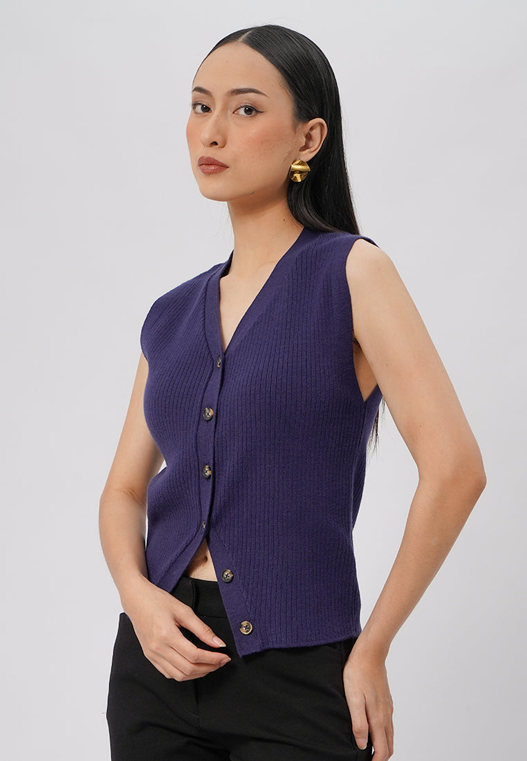 V-Neck Sleeveless Ribbed Vest Navy