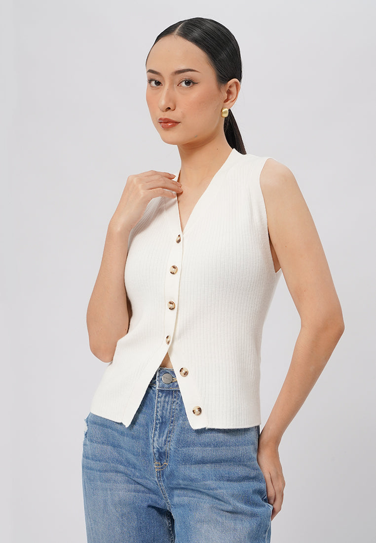 V-Neck Sleeveless Ribbed Vest Off White