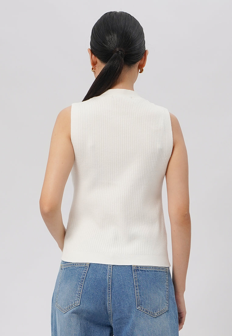 V-Neck Sleeveless Ribbed Vest Off White