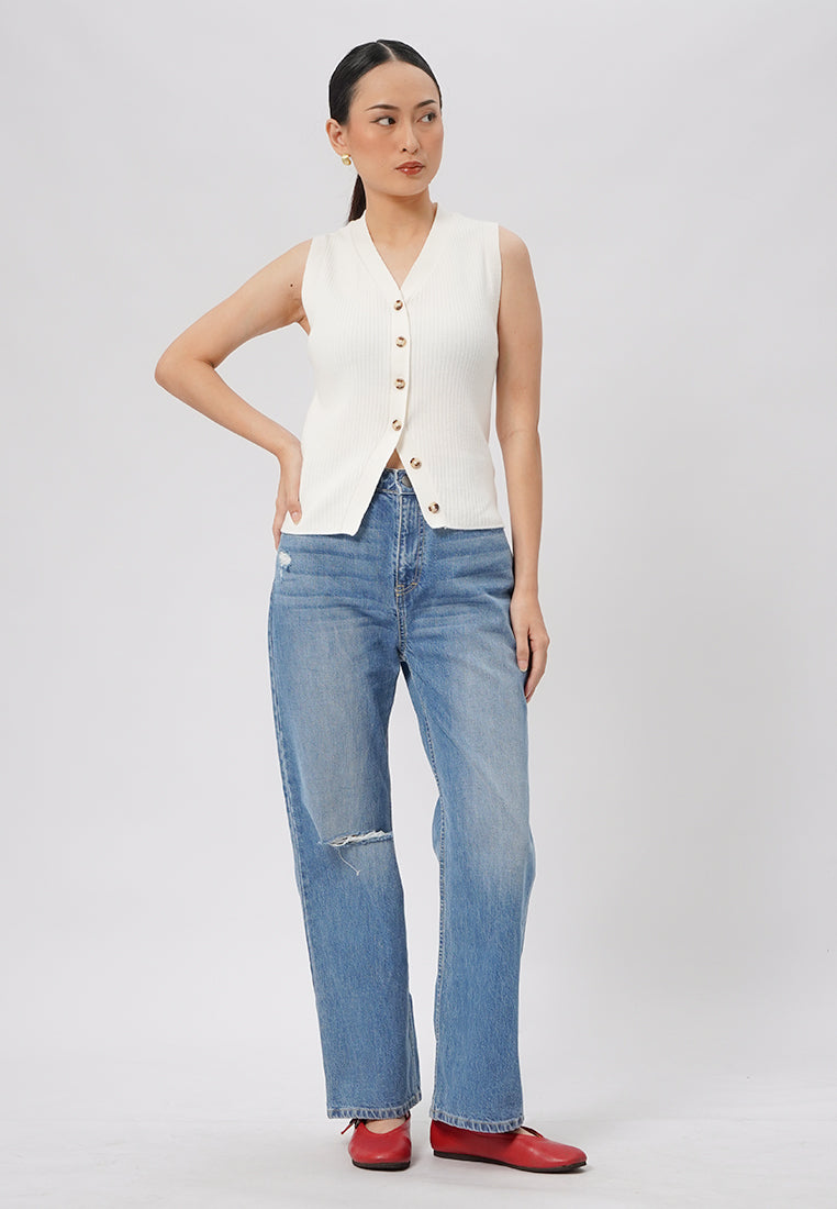 V-Neck Sleeveless Ribbed Vest Off White