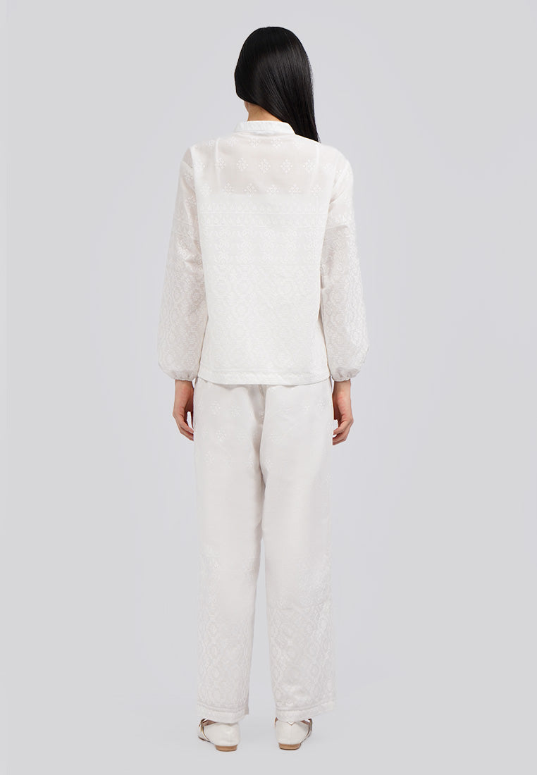 One Set Embroidered Long Sleeve Blouse White