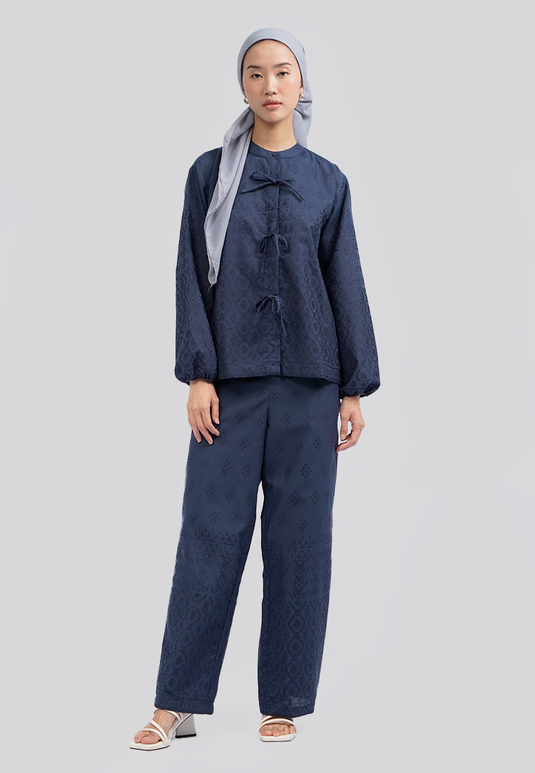 One Set Embroidered Long Sleeve Blouse Navy