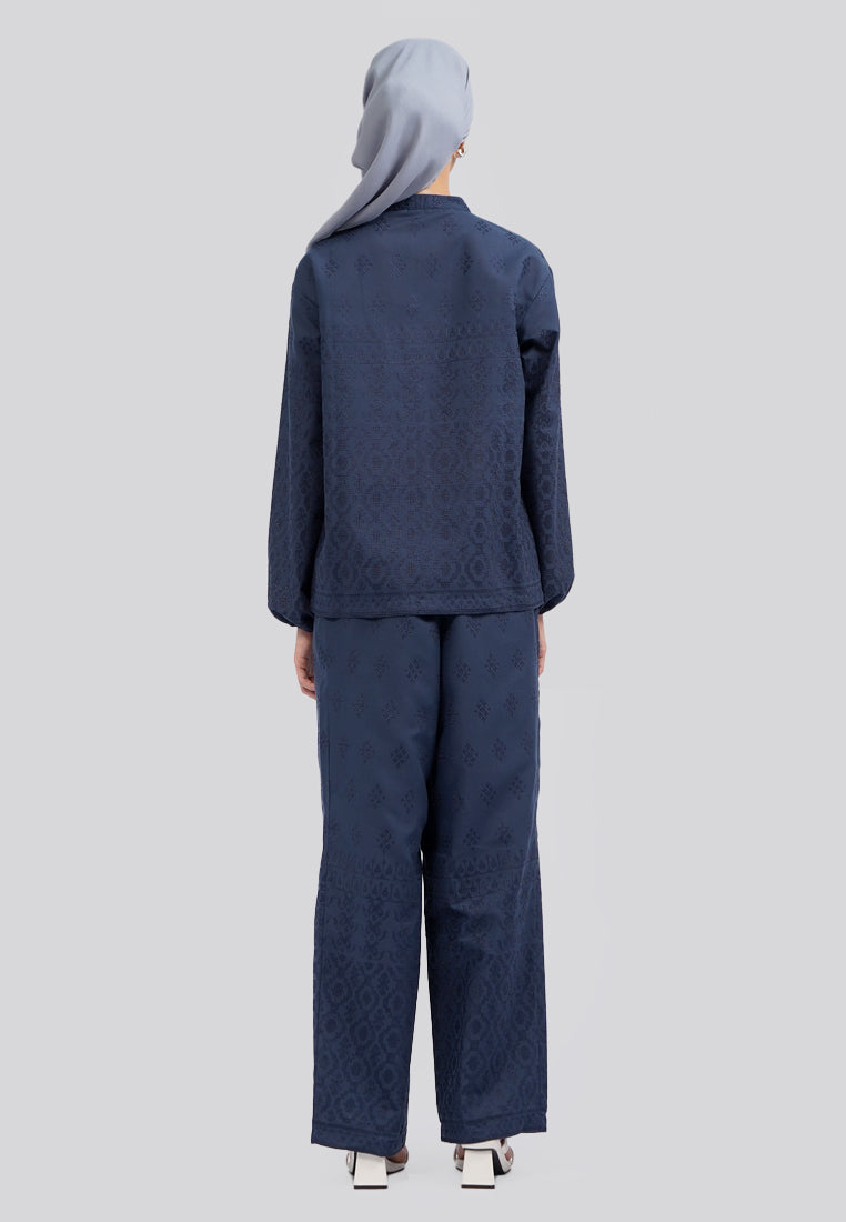 One Set Embroidered Long Sleeve Blouse Navy