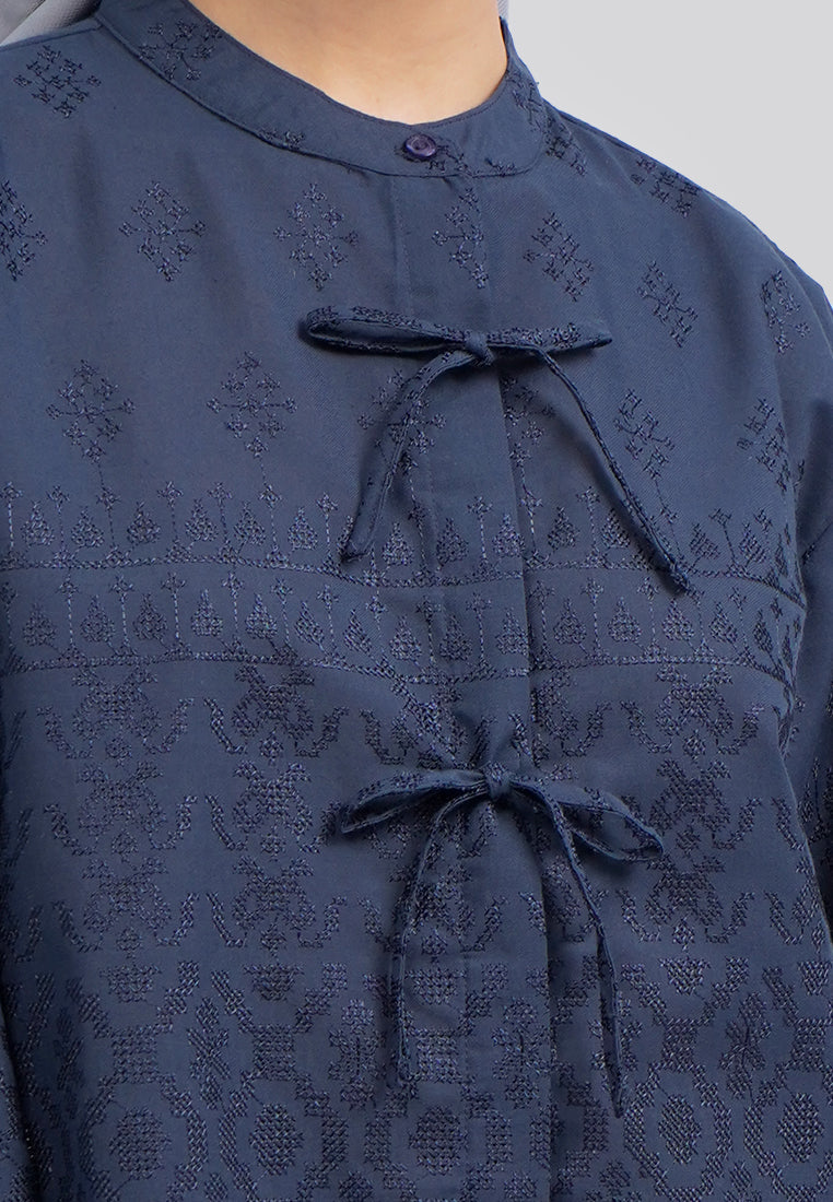 One Set Embroidered Long Sleeve Blouse Navy