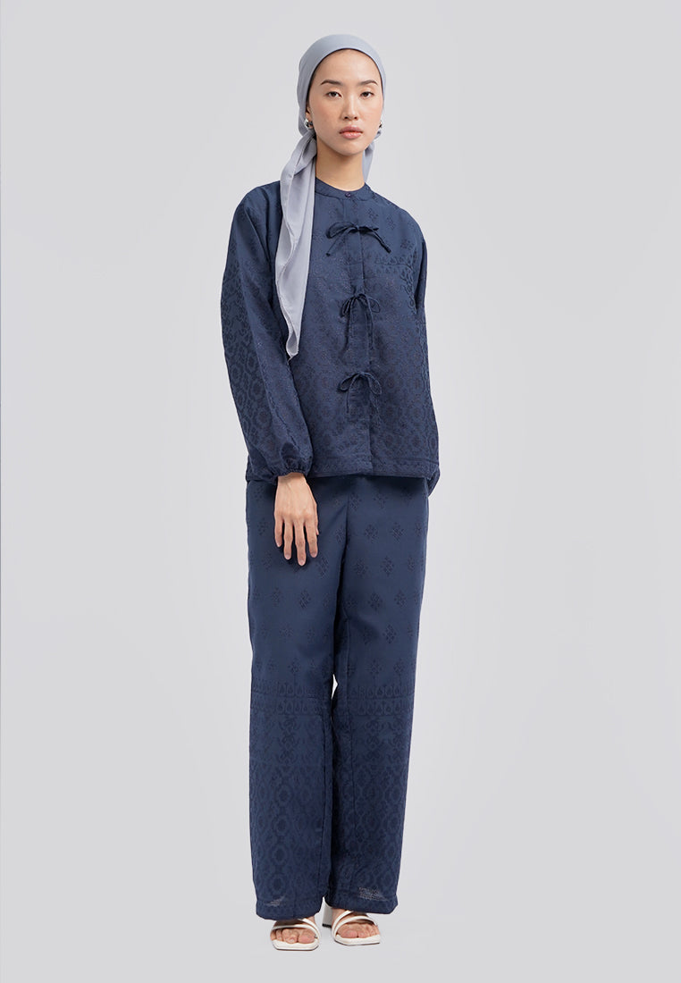 One Set Embroidered Long Sleeve Blouse Navy