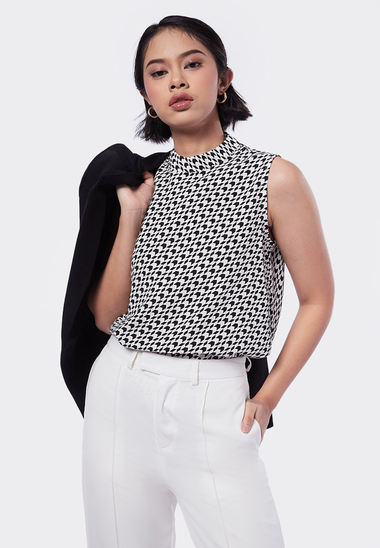 Printed Sleeveless Mock Neck Top
