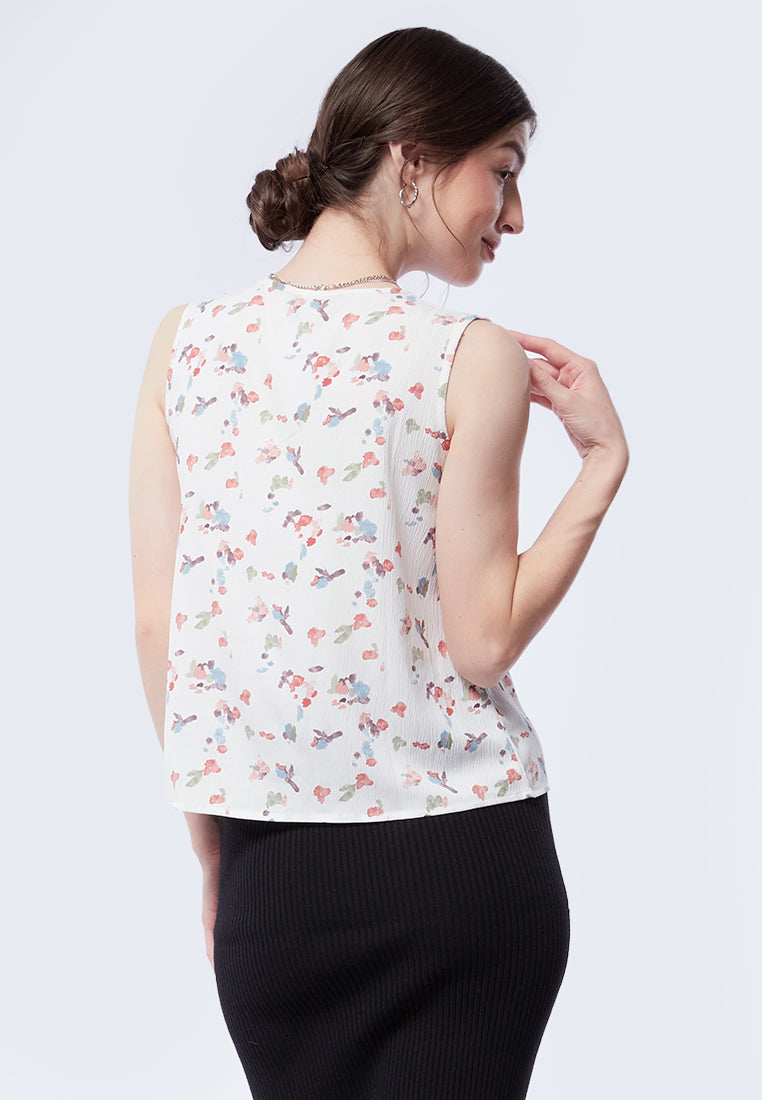 Printed Sleeveless Ribbon Blouse