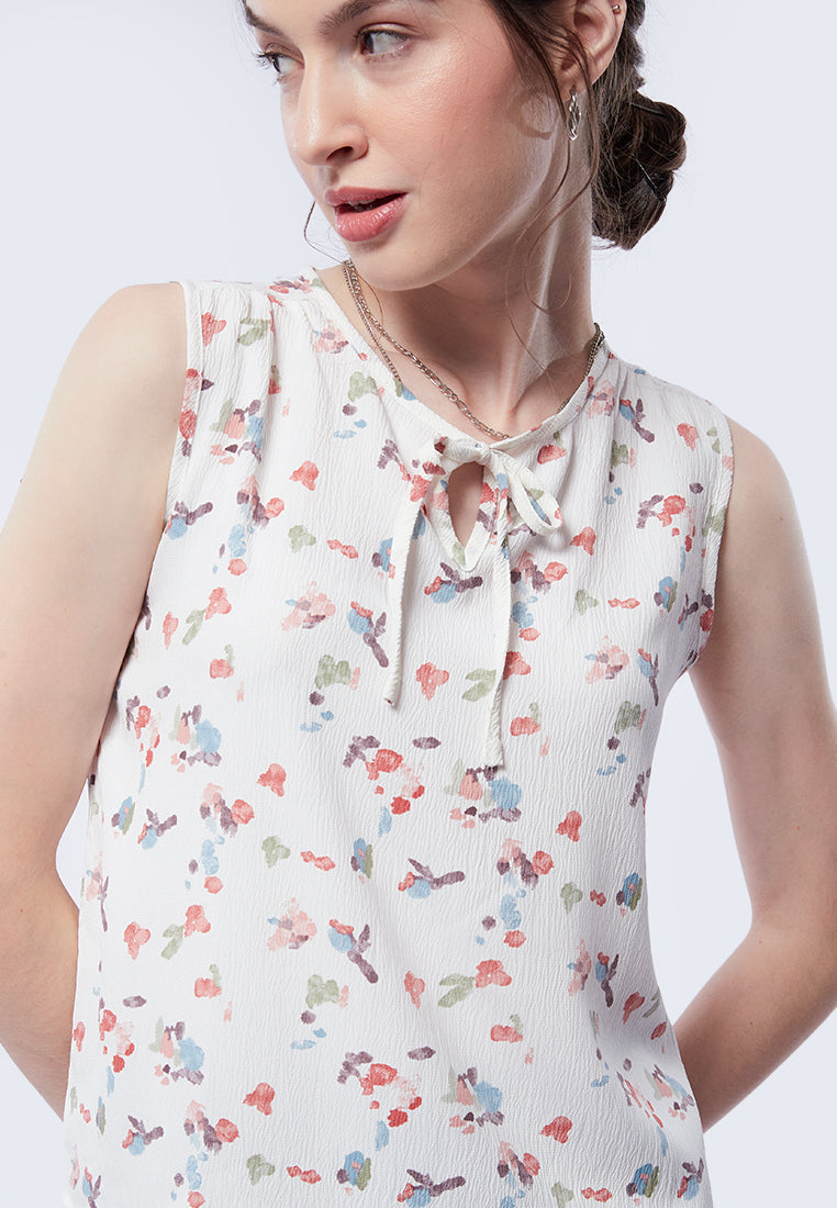 Printed Sleeveless Ribbon Blouse