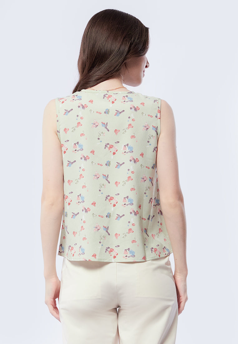 Printed Sleeveless Ribbon Blouse