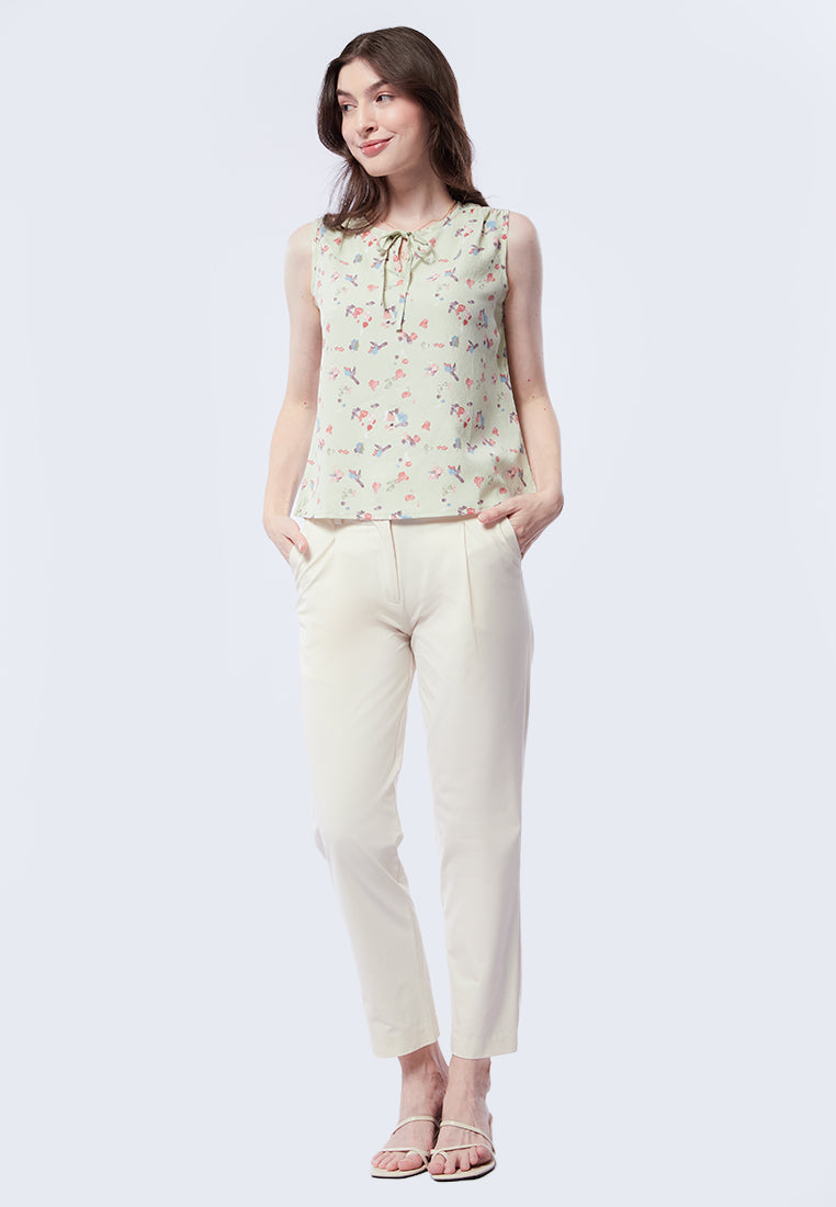 Printed Sleeveless Ribbon Blouse