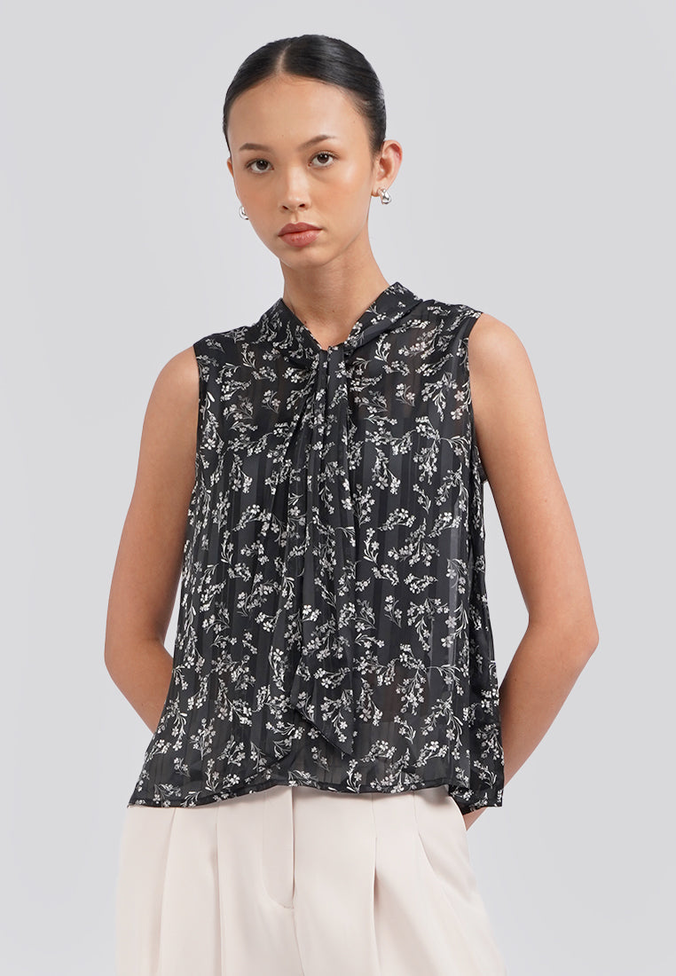 Printed Tie Up Sleeveless Blouse Black
