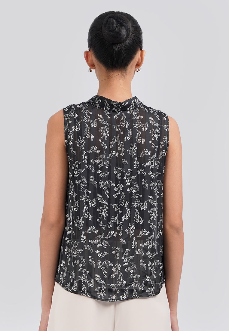 Printed Tie Up Sleeveless Blouse Black