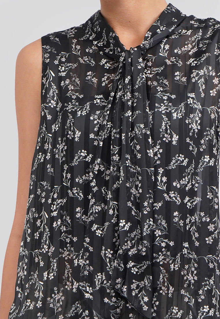 Printed Tie Up Sleeveless Blouse Black
