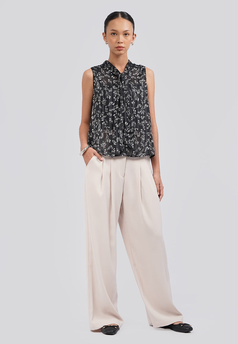 Printed Tie Up Sleeveless Blouse Black