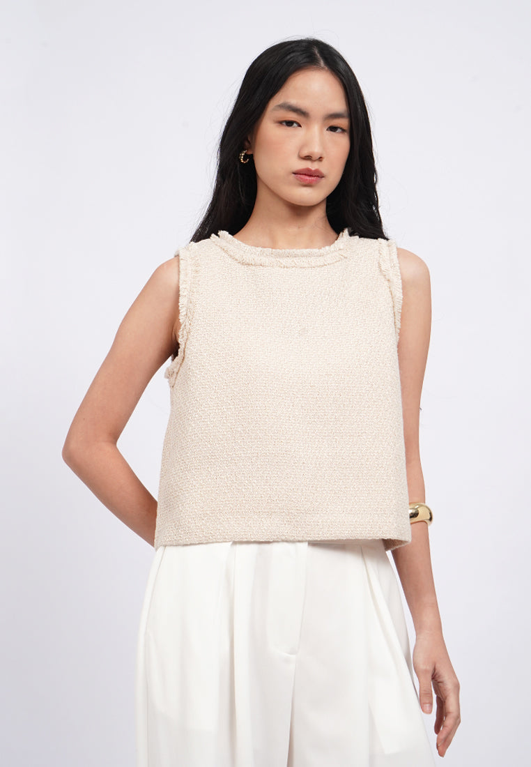 Sleeveless Tweed Top with Frills