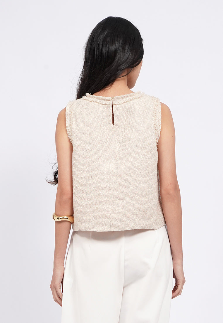 Sleeveless Tweed Top with Frills